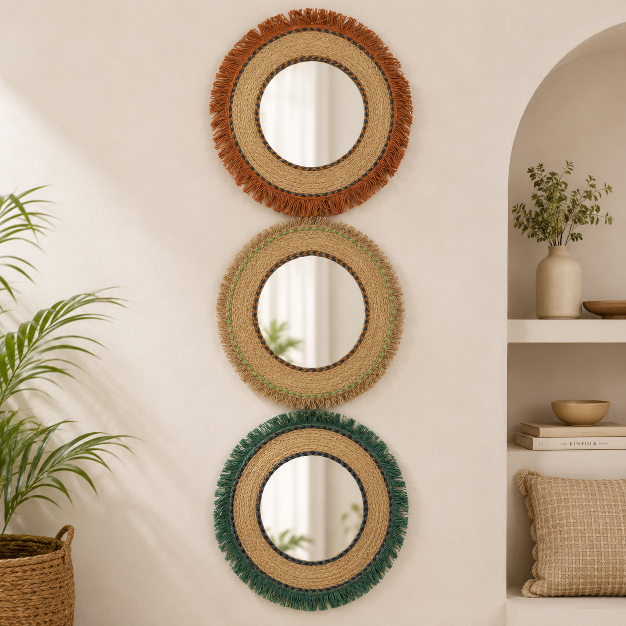 Handcrafted Fringed Jute Wall Mirror